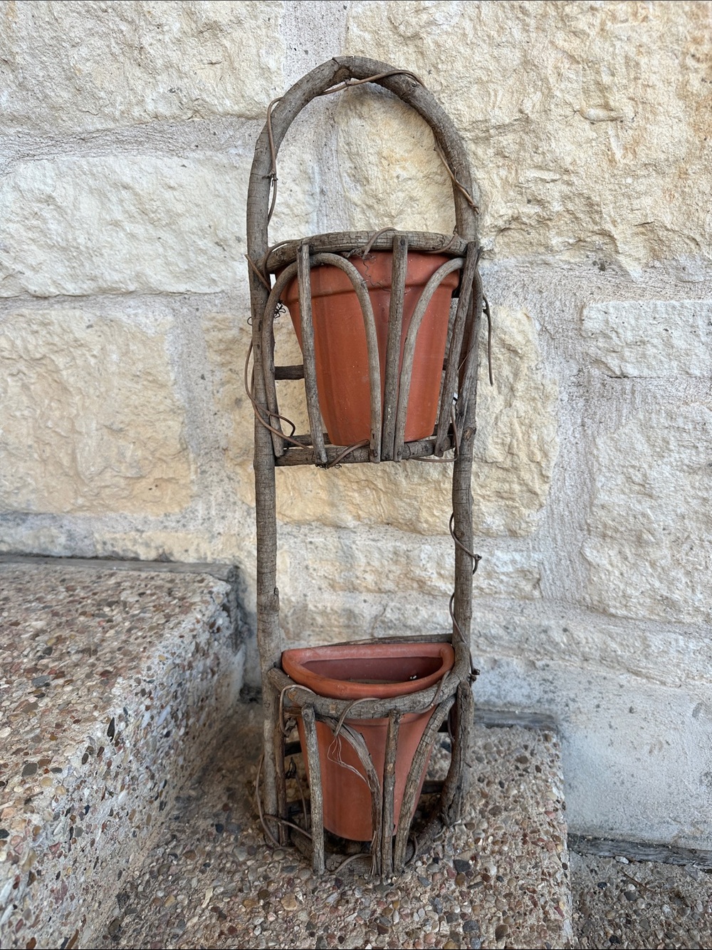 Rustic Hanging Double Plant Holder with Terracotta Pots